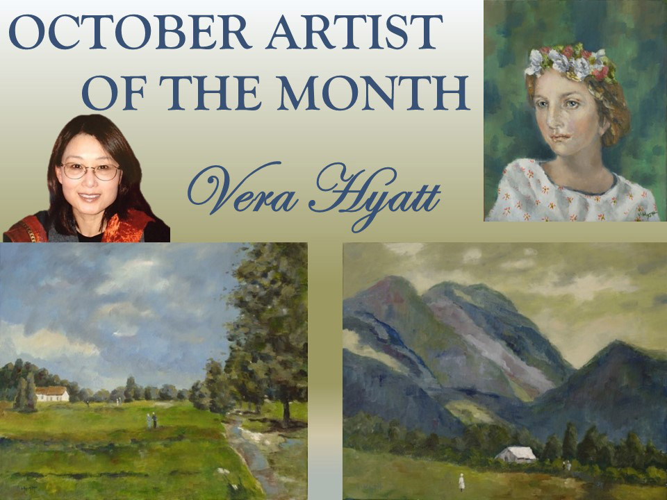 2021 Vera Hyatt Art 3 impressionistic paintings pastoral scene, mountains, portrait of girl with flower wreath